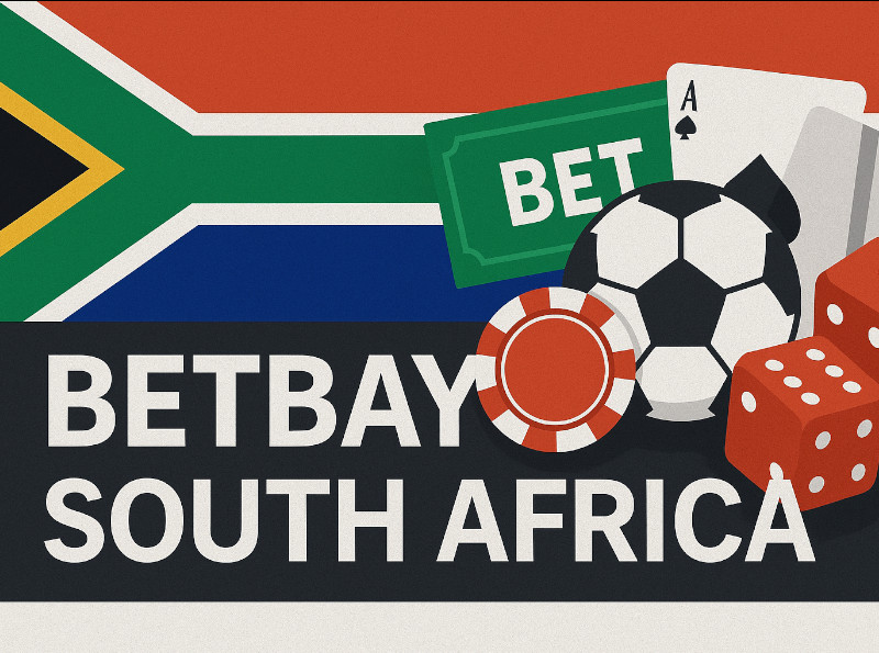About Betbay South Africa banner with national flag, soccer ball, dice, poker chips, and playing cards representing online betting and gambling.